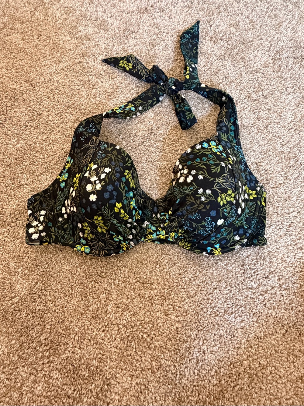 Adore Me Black Floral Underwire Swim Top with Blue and Yellow Accents